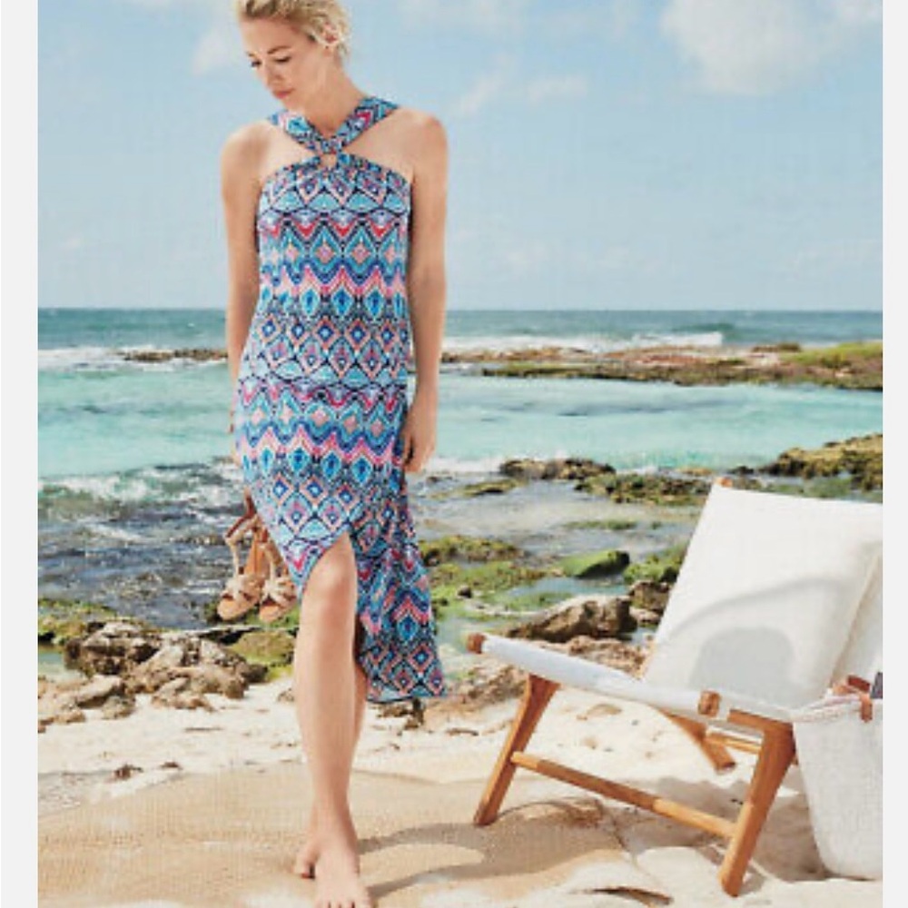 Tommy Bahama Blue Multi-Pattern Halter Midi Dress